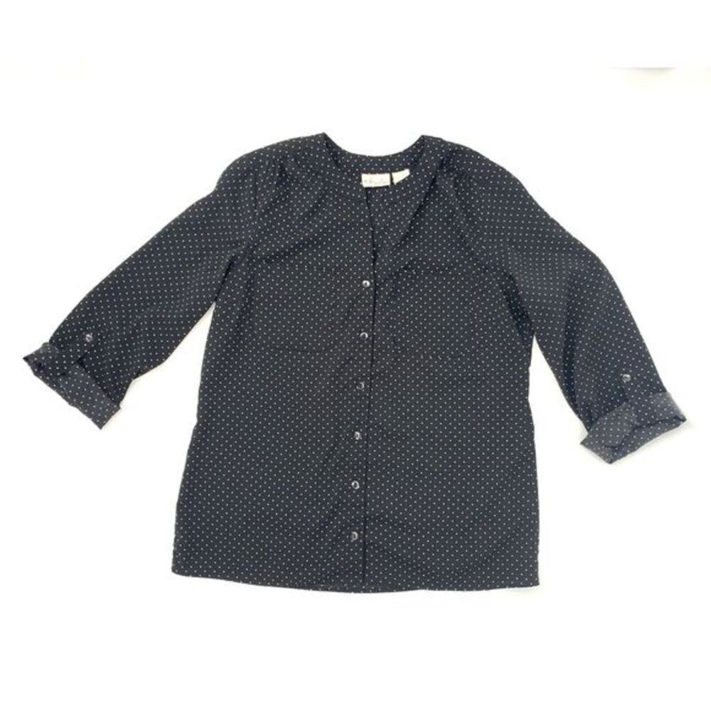 Kim Rogers Black with White Polka Dots Button‎ Up Women's Blouse Size M Petite